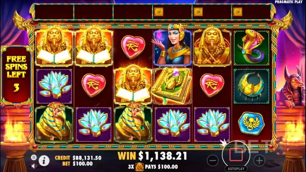 Screenshot of Book of Golden Sands slot with Egyptian symbols and scarab Wild